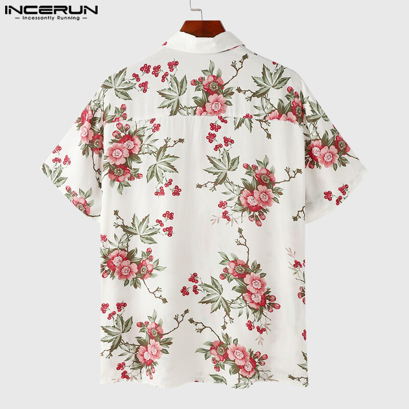 INCERUN-camisetas informales con estampado Floral para hombre, ropa de calle masculina, Blusa de manga corta con solapa, S-5XL 2024