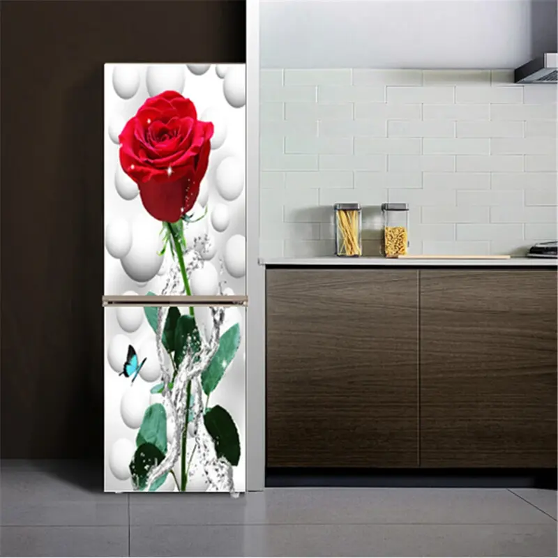 Fridge Stickers Refrigerator Cover Door Landscape Plant Sea Vinyl Self Adhesive Kitchen Furniture Decor Wrap Freezer Sticker DIY