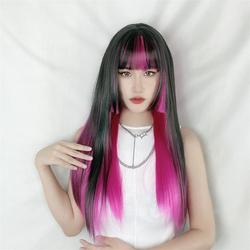 Cosplay wig for women with gradient colors, long straight hair, air bangs, highlight dyeing, long hair, princess cut