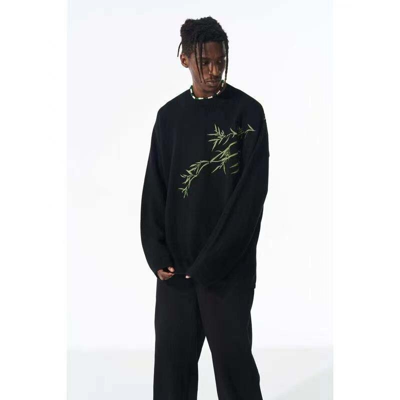 2023 primavera autunno maglione termico da uomo girocollo stile cinese bambù verde ricamato lana Casual maglione lavorato a maglia sciolto da uomo