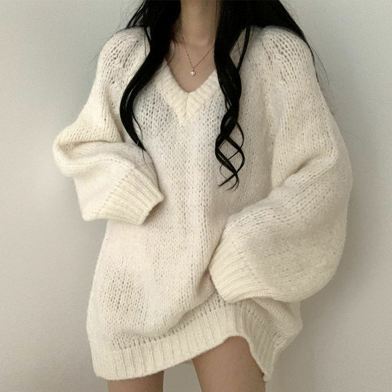 Estilo preguiçoso camisola com decote em v feminino y2k estudante versão coreana foi fino e versátil meados de comprimento camisola de malha superior 2023