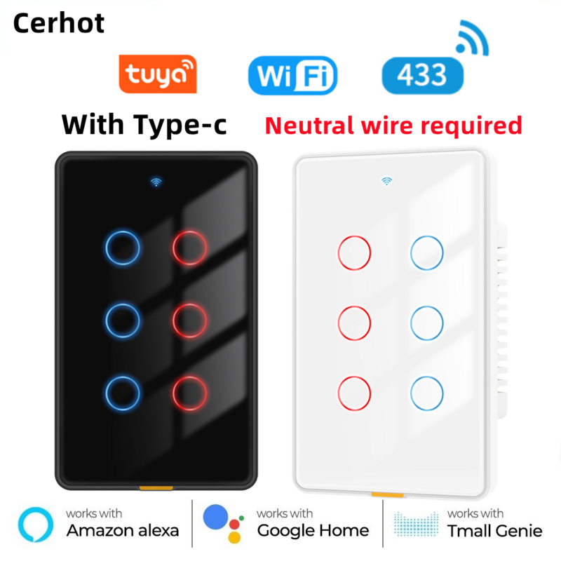 Cerhot Tuya สวิตช์ไฟระบบสัมผัสติดผนังไร้สาย Wi-Fi RF433สมาร์ทโฮม US 110-240V Type-C เวลา6แก๊งรองรับ Alexa Google Voice
