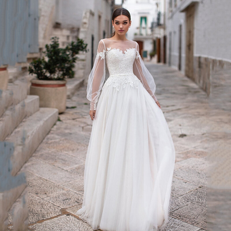 Gaun pengantin wanita garis A baru menawan applique renda anggun gaun pengantin lengan panjang kancing ilusi Vestido De Noivas