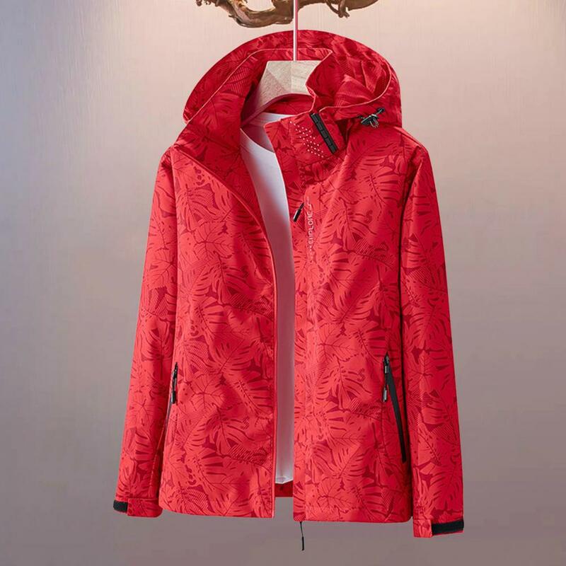 여성용 세련된 잎 프린트 재킷, 후드 지퍼 포켓, 방수 통기성 야외 바람막이, 가을