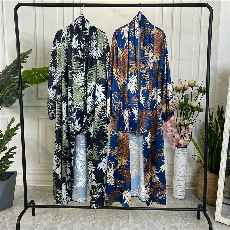 Wepbel Langarm Robe Kaftan Kimono Arabisch Trend Satin Abaya Muslimischen Kleid Stoff Gedruckt Seite Tasche Islamische Kleidung Strickjacke