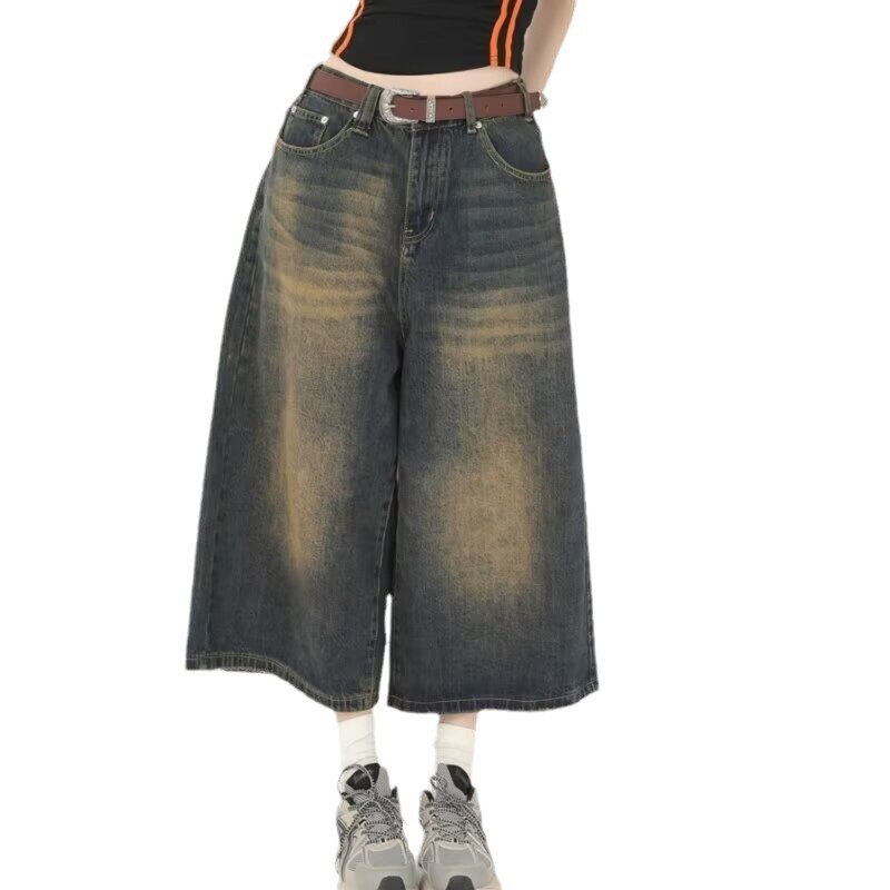 Женские укороченные джинсы Y2k, свободные шорты до колена с широкими штанинами, мешковатые джинсовые брюки, мужские джинсовые брюки оверсайз, 2024