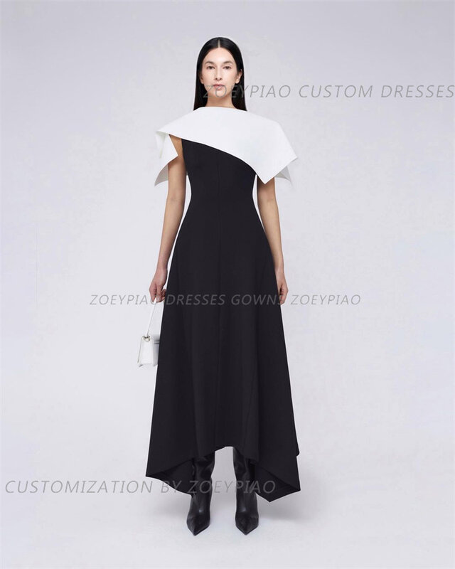 Short Crepe Black/White Evening Dresses Gowns A Line Pleated فساتين سهرة Prom Dress Ankle Length платье на выпускной платье