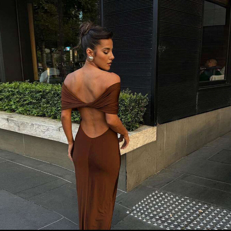 Brown Women's Prom Dress Full Sleeves Sexy Off Shoulder Backless Summer Long Maxi Party Gown Holiday Streetwear Skirt Robes