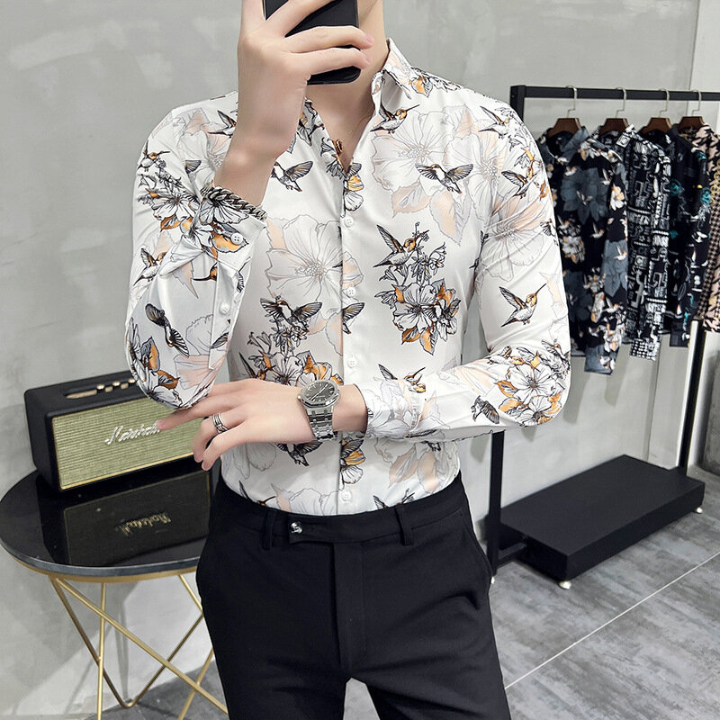Camisa de manga comprida vintage slim fit masculina, estampa flores, preto, negócio, casual, luxo, primavera, novo, 6XL