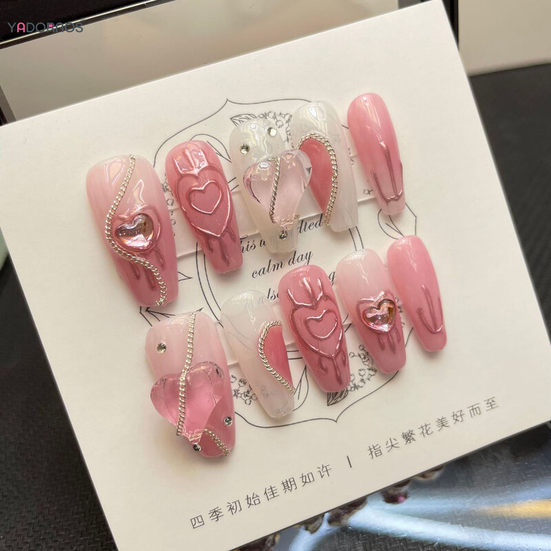 Blush Pink Handmade Fake Nails Love Heart Designed Long Ballet Press on Nails Full Cover Wearable False Nails for Women 10Pcs