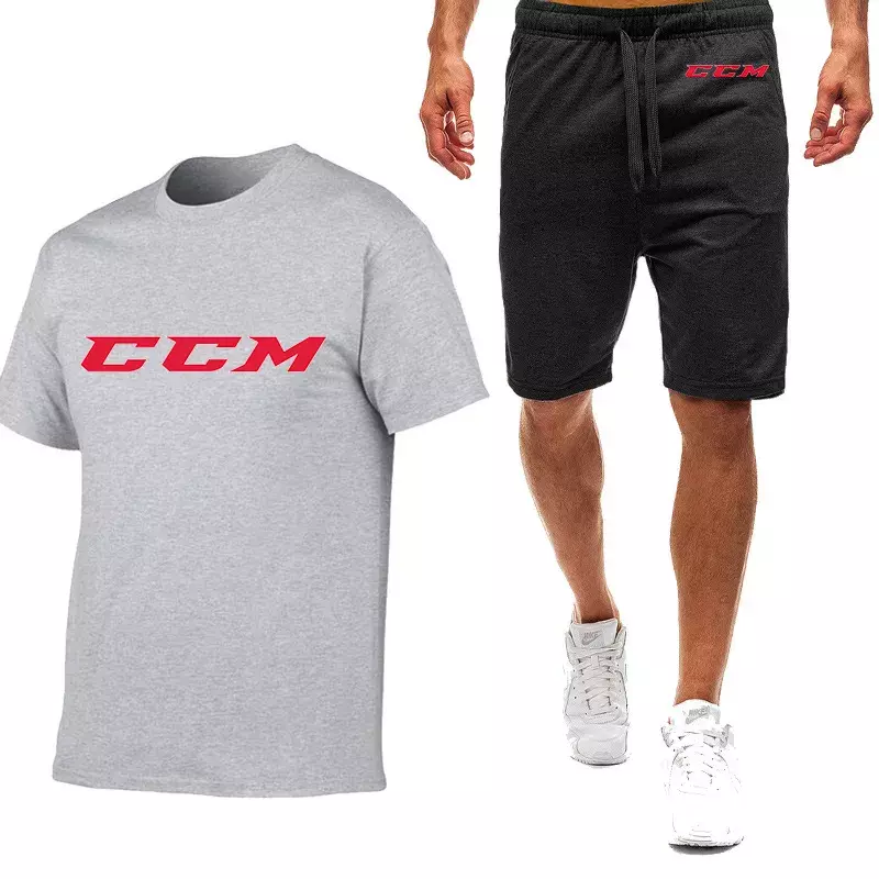 CCM Men's New Summer Hot Cotton Printing Sportswear Breathable Short Sleeves T-Shirt Tops And Shorts Casual Wear Two Pieces Suit