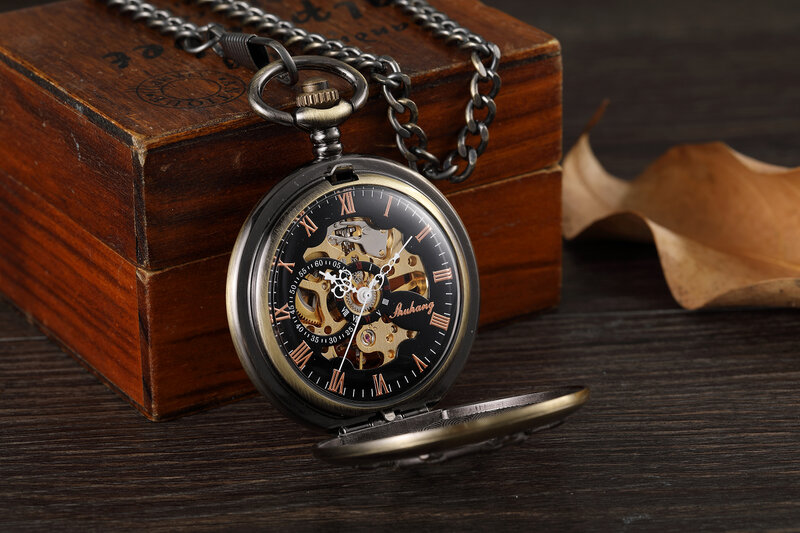 Vintage Luxury Mechanical Pocket Watch Men Xmas Gift Retro Hand-Winding Movement Roman Numerals Display Manual Pocket Timepiece