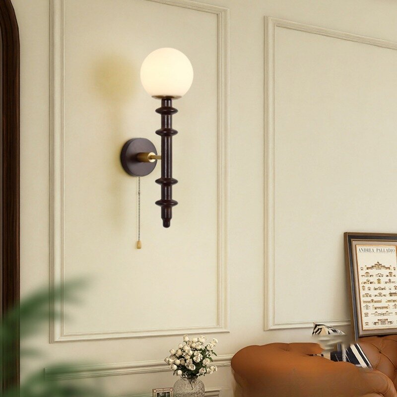 Lampu Dinding Kecil Walnut Vintage Perancis, lampu samping tempat tidur ruang tamu lorong latar belakang dinding lampu kayu padat