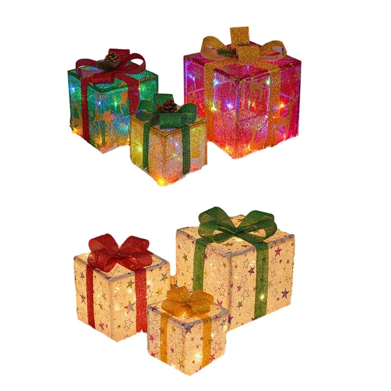 3 szt. Podświetlane pudełka na prezenty LED ciepłe światła ozdoby do pudełek prezentowych dekoracje świąteczne na domowy ganek