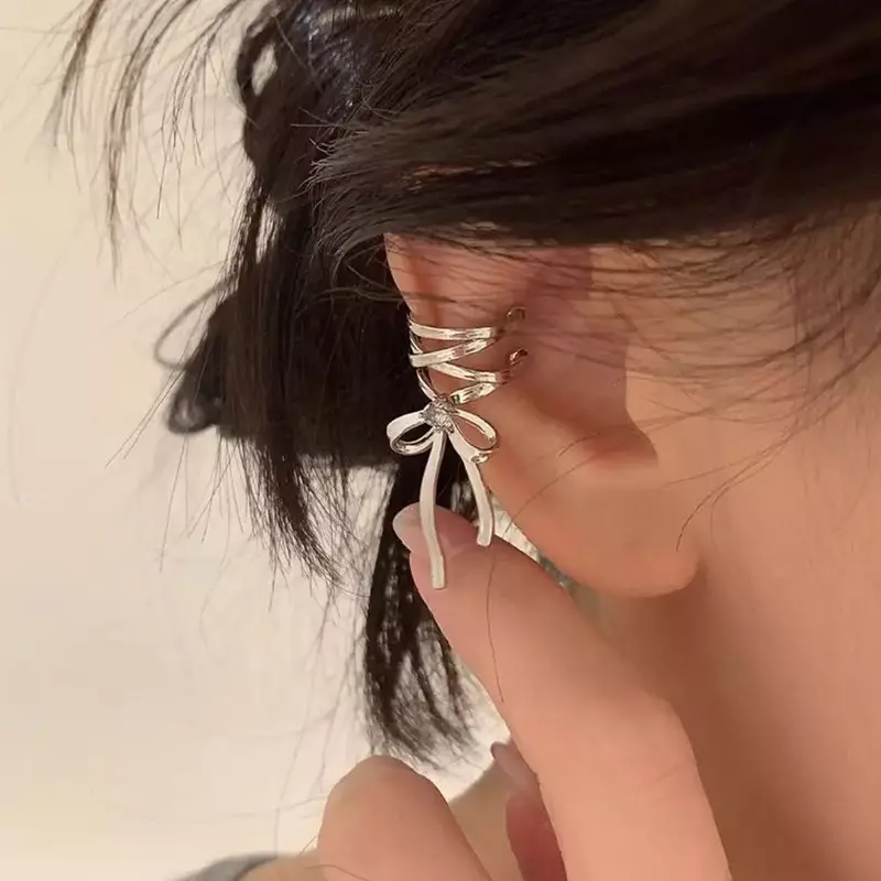 Silver Bow-knot Ear Cuff Ribbon Aesthetics Ear Clips Ballet Earrings Women Clips Ear Jewelry Non-piercing Style