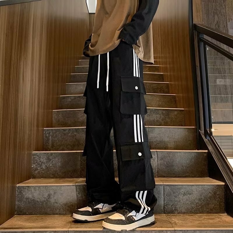 2024 New Autumn Hong Kong-style Striped Cargo Pants for Men, Fashionable Striped Straight Pants with Multiple Pockets