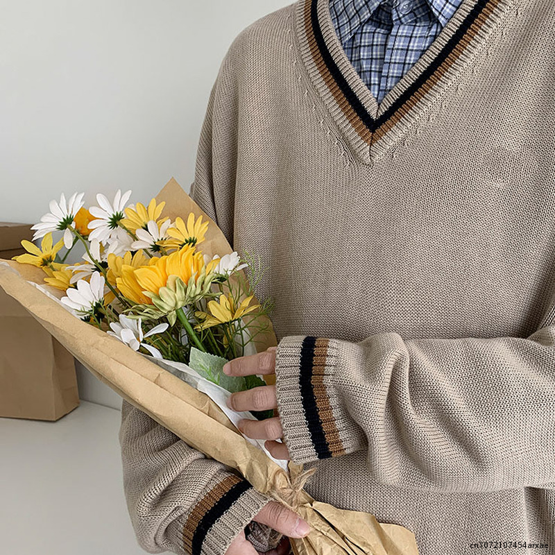 V-Ausschnitt gespleißt Pullover Pullover Männer Herbst Vintage Strickkleid ung lose Student Harajuku College japanischen Pullover Homme Top