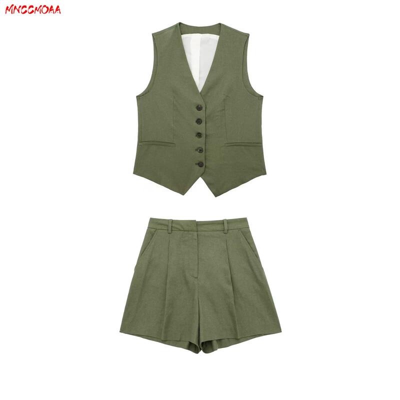 MNCCMOAA 2024 New Fashion Linen Slim V Neck Sleeveless Vest And Shorts Set Summer Office Ladies Set