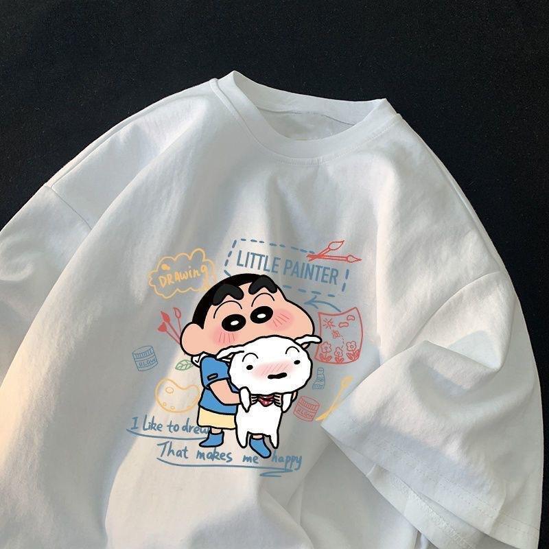 Camiseta de manga curta para meninas, bonito lápis Kawaii Shin-Chan Impressão solta, confortável estudante lazer versátil, presente de aniversário