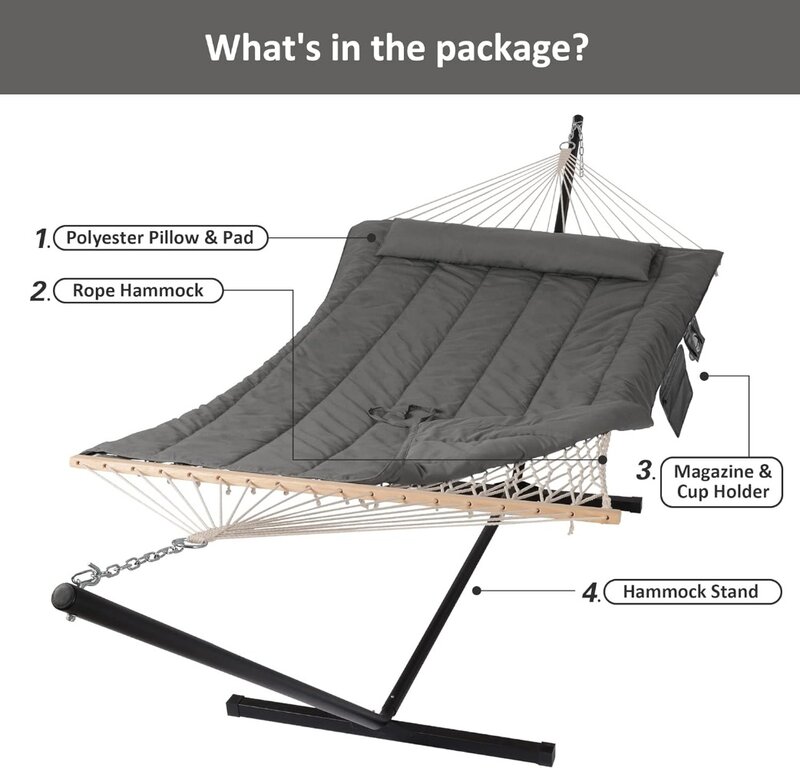 SUNCREAT Double Outdoor Hammock with Stand, Two Person Cotton Rope Hammock with Polyester Pad, Dark Gray 147.6"L X 52"W