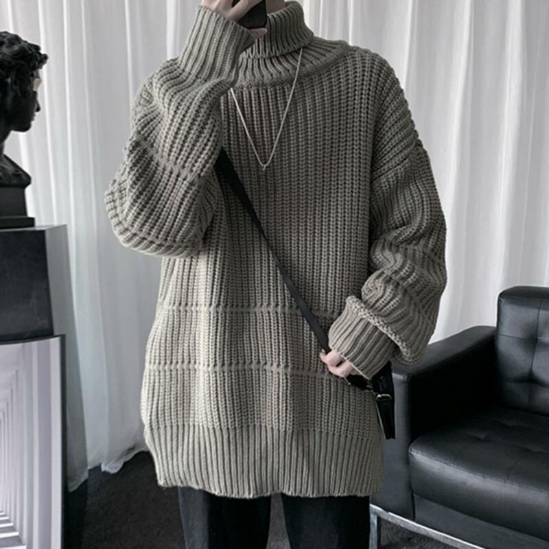 Mid Length Sweater Cozy Mid-length Men's Sweater Warm Knitted High Collar Elastic Anti-shrink Pullover for Winter/fall Comfort