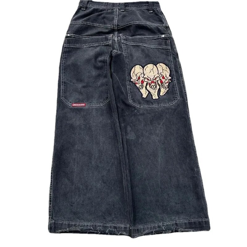 JNCO-Calça gótica preta de cintura alta masculina e feminina, jeans solto bordado, padrão retrô de caveira Harajuku, Y2K, 2024