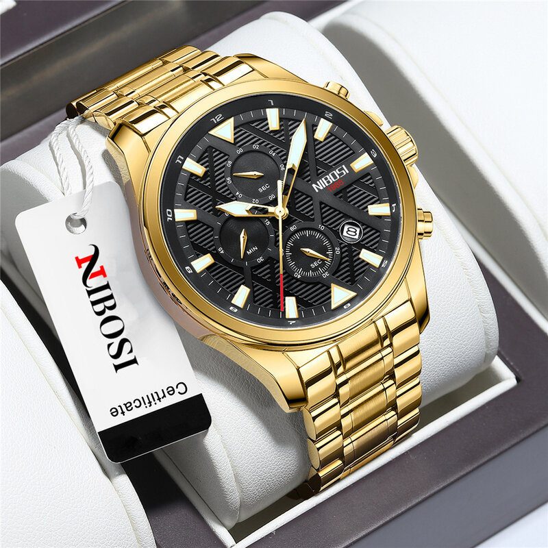 NIBOSI męskie zegarki z chronografem luksusowy sportowy kwarcowy wodoodporny złoty czarny zegarek męski zegar z zegarem Masculino