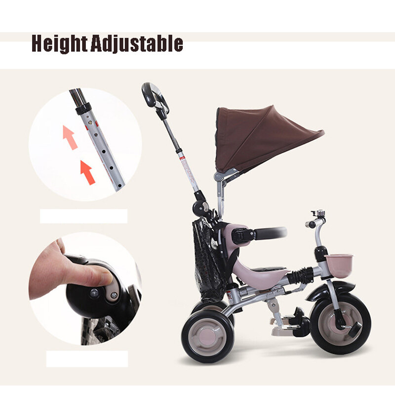 Sepeda roda tiga anak-anak dengan tuas kemudi dalam lebih aman dan tas Mami dalam paket