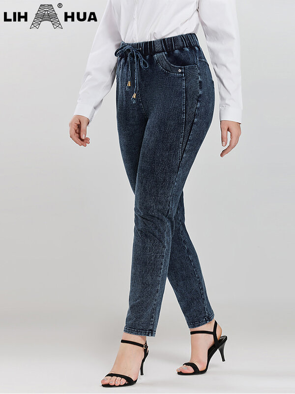 LIH HUA Celana Jeans Wanita Ukuran Plus Celana Panjang Denim Rajut Katun Ketat Bahan Jatuh Jeans Lembut Kasual