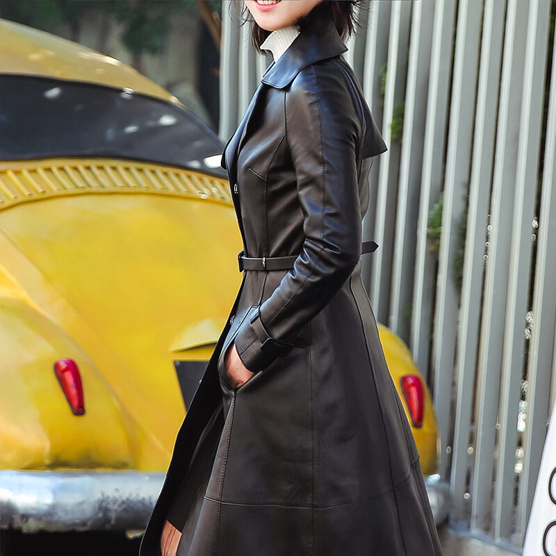Casaco de couro longo para mulheres, jaqueta de couro genuíno 100% casaco de pele de carneiro coreano, jaqueta feminina, QBL2023, primavera e outono