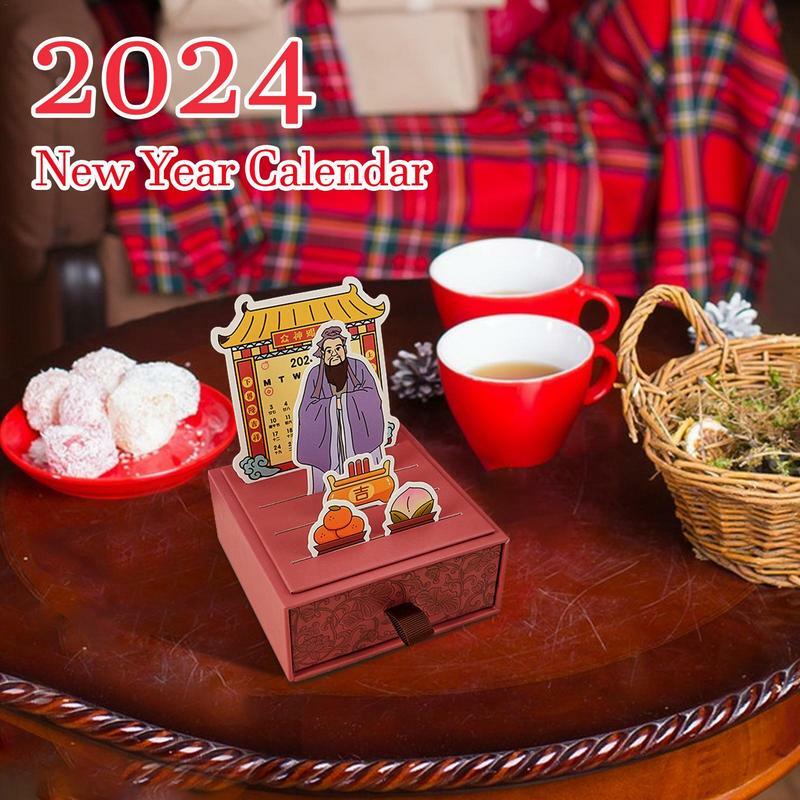 2024 New Year Calendar God Of Wealth Desktop Calendar With Storage Drawer Portable Drawer Calendar Blessing Desktop Decoration
