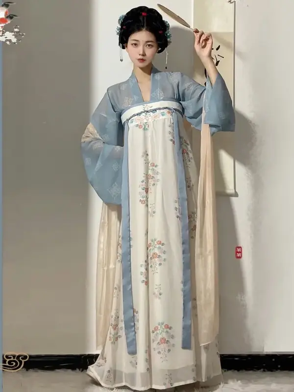 Dream Huashang-Tang مصنوع من Hanfu للنساء ، تنورة طويلة ممزقة بالظهر ، زهور جميلة ، الربيع والصيف