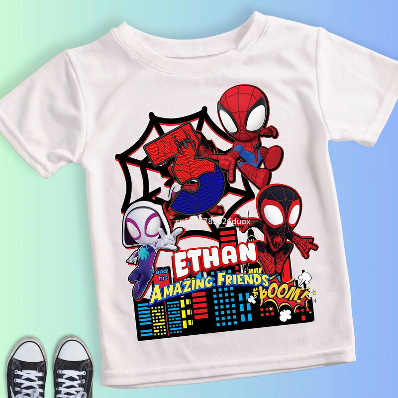 Zomer Kind 2 3 4 5 6 7 8 9 Spider Man En Zijn Vrienden Verjaardag Wit Shirt Spider-Man Aangepaste Naam Verjaardagsfeestje Jongen T-Shirt