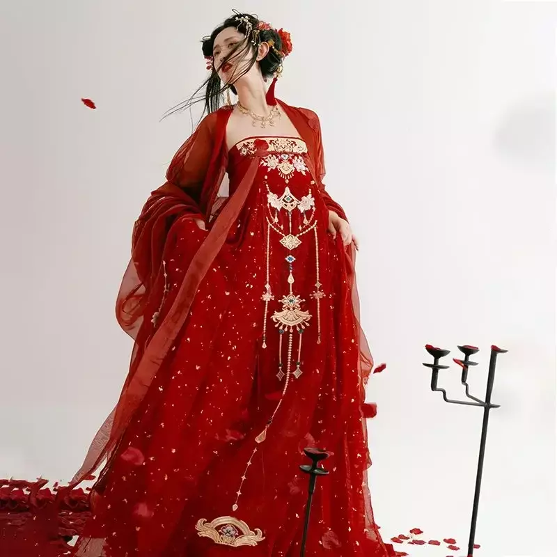Vestido Hanfu Chinês para Mulheres, Dinastia Tang, Hanfu Vermelho, Vestido de Noiva, Saia Antiga, Estampa Bordada Palácio, Conjunto Completo, Adulto