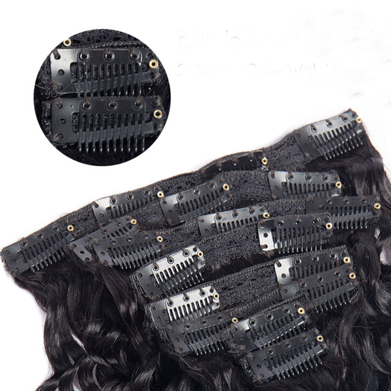 Clipe brasileiro em extensões de cabelo, onda profunda, cabelo humano remy, cor preta natural, 8-26 ", 120g, 8 pcs, conjunto