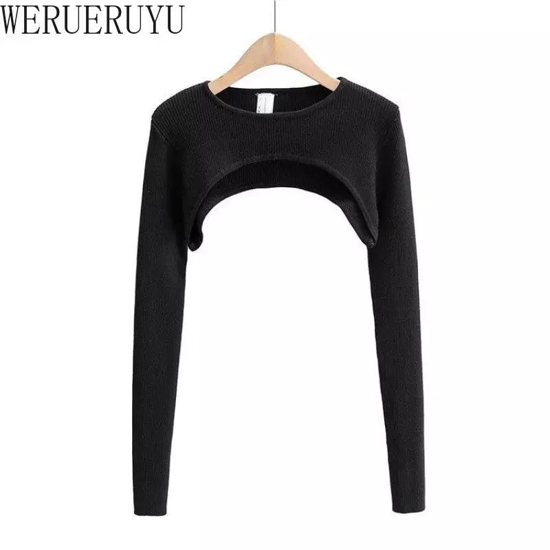 T-shirt donna manica lunga Crop Top primavera autunno Y2k vestiti estetici o-collo nero bianco Sexy Harajuku maglietta lavorata a maglia 2023