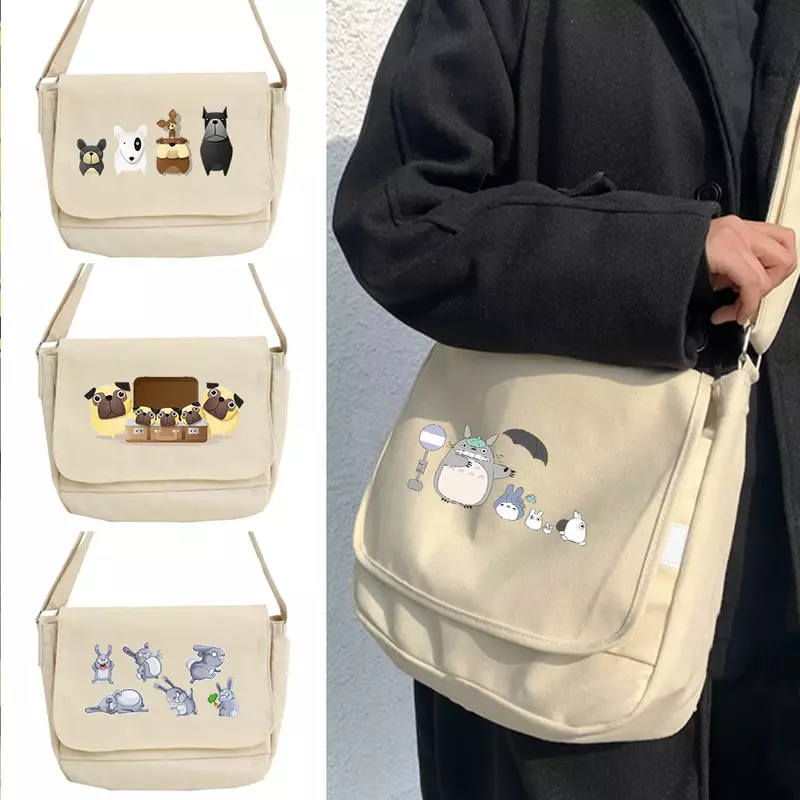 Canvas Messenger Bags para mulheres, Crossbody Bag, Cartoon Pattern Series, Student Handbag, Organizador de grande capacidade, Feminino