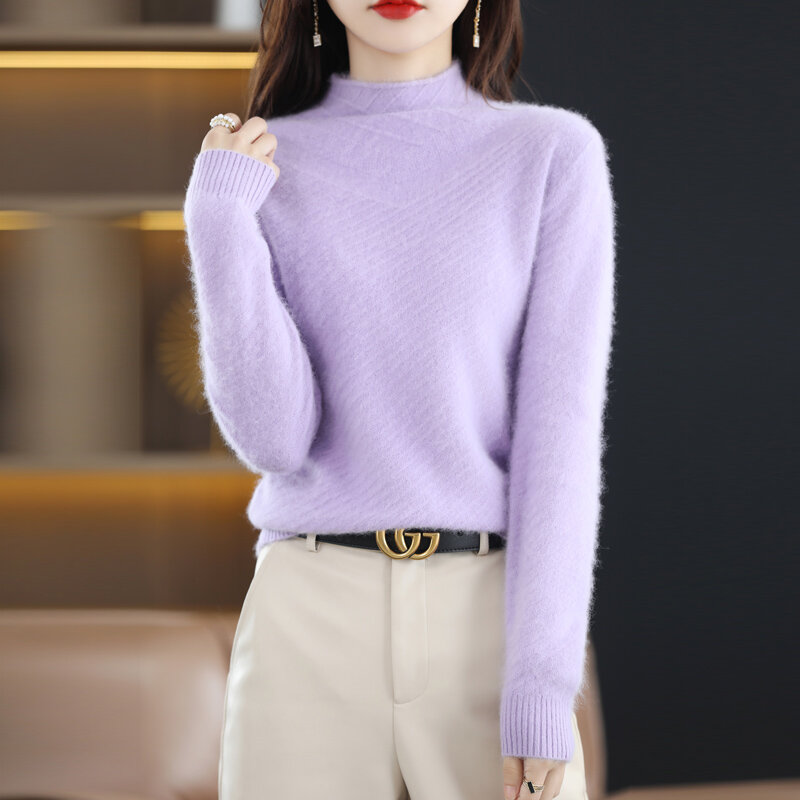 Sweter Bulu Wanita Baru Rajutan Setengah Kerah Tinggi Pullover Lengan Panjang 2022 Musim Gugur Musim Dingin Hangat Warna Solid Mode Edisi Korea