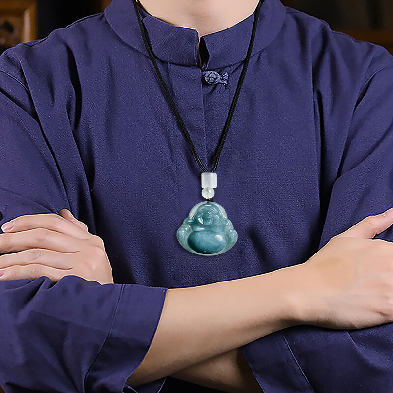 Naturalny A-grade niebieska woda budda duży brzuch stary materiał lodowy jadeit wisiorek męski naszyjnik damski piękna biżuteria