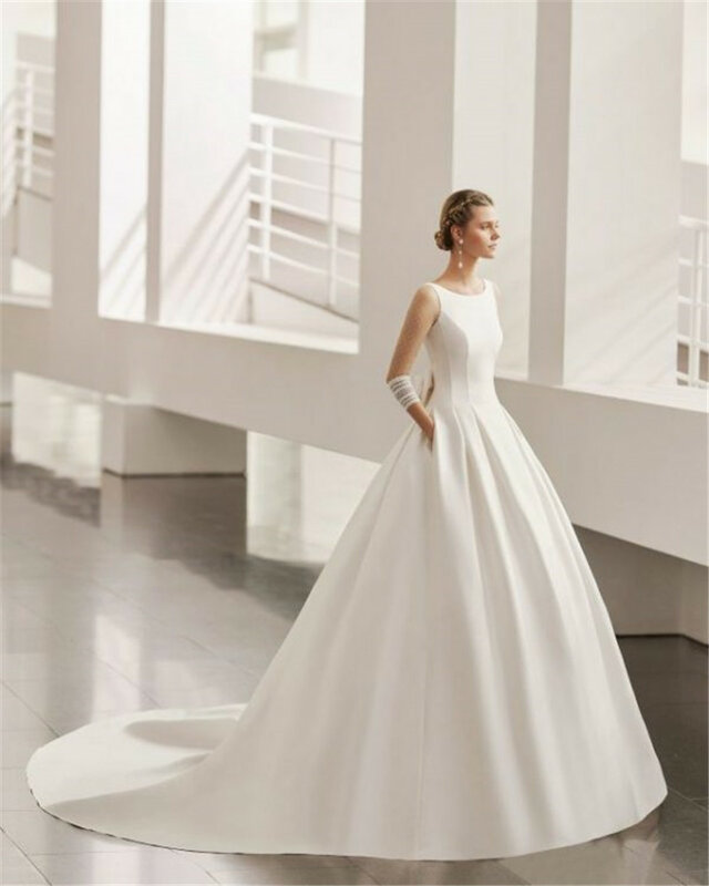 Vintage with Bow Bridal Gown Simple Illusion Long sleeve A-Line Wedding Dress Draped Satin vestido de noiva