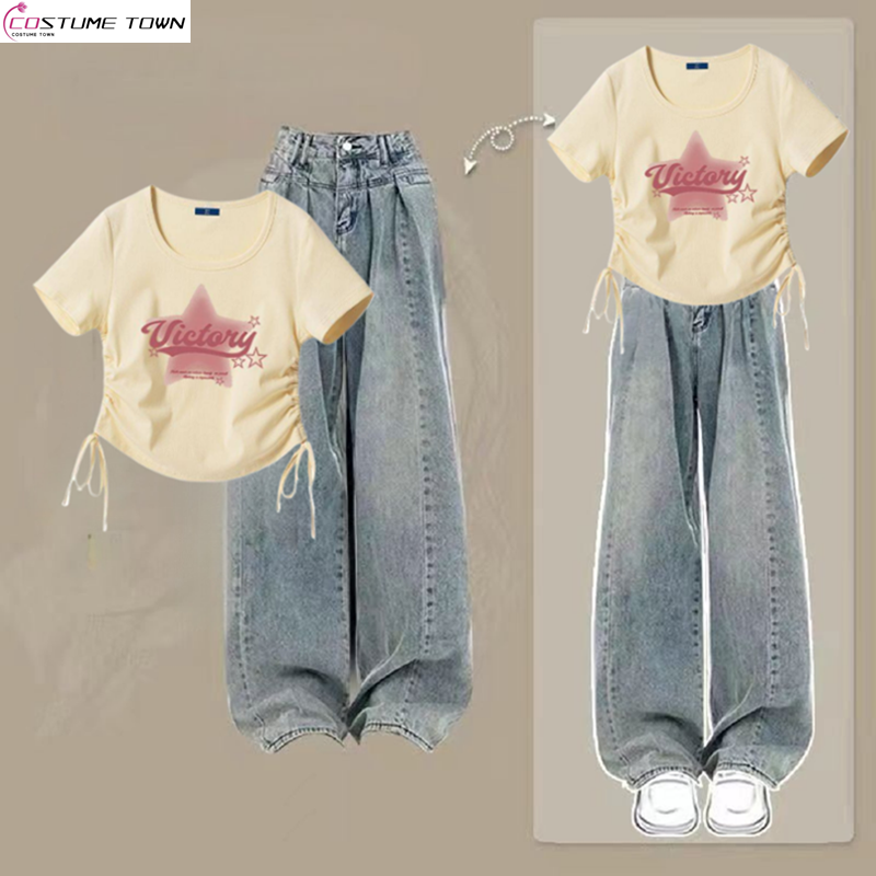Camiseta de manga curta feminina e conjunto jeans de cintura alta, cordão de verão, moda vintage americana, doce e legal, 2 peças