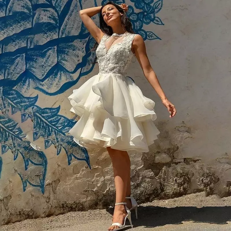 Seksowna mini suknia ślubna warstwowa w stylu vintage niestandardowa bufiasta sukienka księżniczki plus size na plażę fotografia na świeżym powietrzu romantyczna suknia ślubna