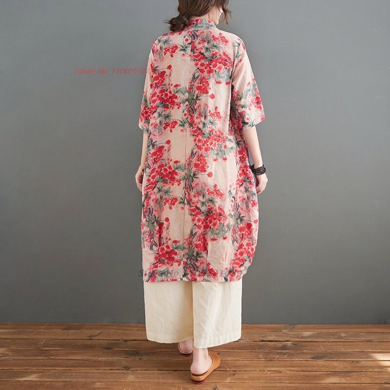 2024 chińskie bluzki hanfu w stylu vintage krajowe ulepszone bawełniane lniana bluzka orientalne kwiatowe nieregularne ludowe bluzki streetwear