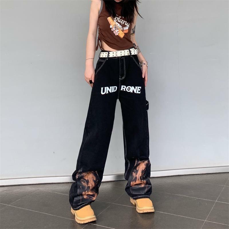 warm2023 American letter print washed jeans men's and women's ins fashion brand loose straight trousers trousers
