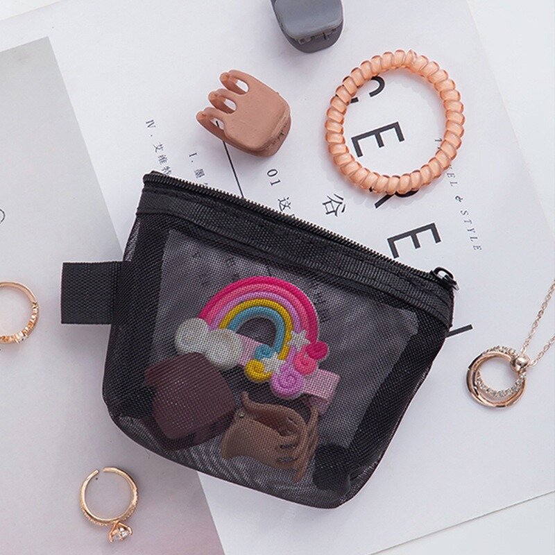 미니 메쉬 여행 지퍼 화장품 립스틱 카드 키 이어폰 보관 가방, 여자 작은 동전 지갑 지갑 핸드백 파우치 가방