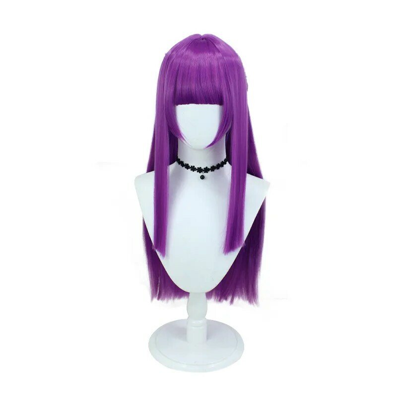 Wig sintetik lurus panjang ungu Cosplay ujung Frieren dengan poni untuk wanita rambut palsu Halloween 80cm