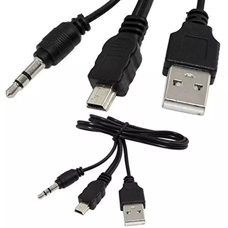 Alta Qualidade Preto USB 2.0 A Macho para Mini B Macho + 3.5mm Áudio AUX, 1-2 Cabo de Áudio, Cabo do carregador, 0.5m, 1Pc