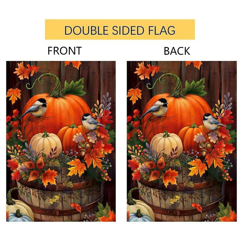 Fall Thanksgiving Pumpkin Small Garden Flag 12X18 Inch Double Sided Autumn Watercolor Bird for Seasonal Outdoor Decor
