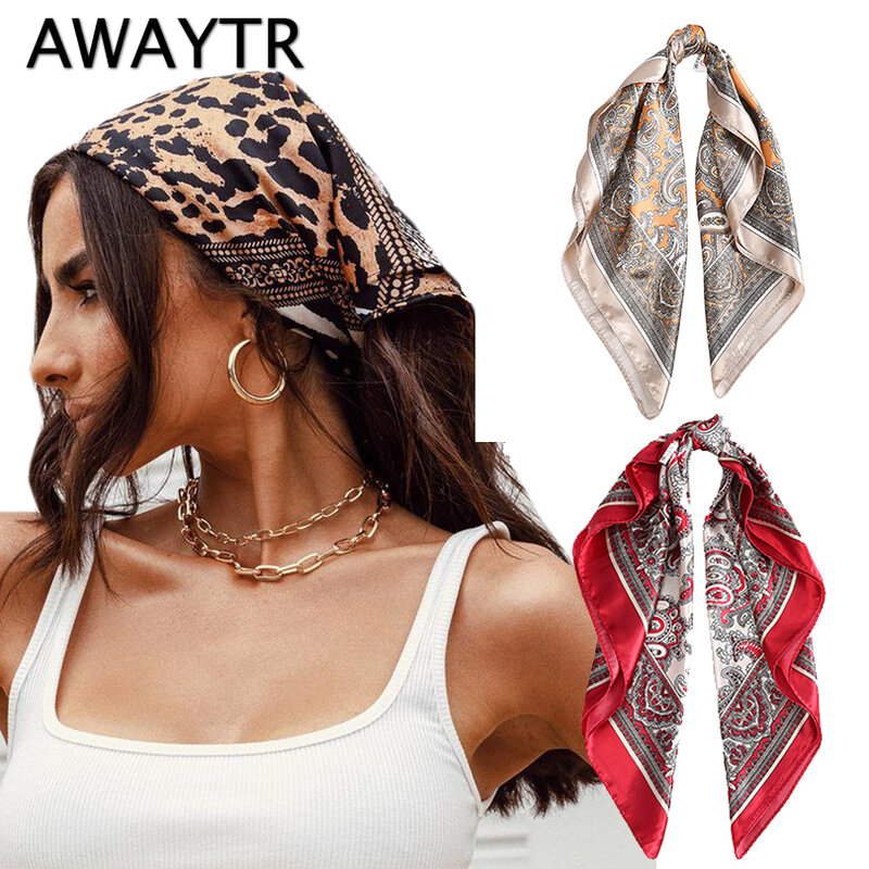 AWAYTR Fashion Square Silk Scarf Women Headband 60*60cm Print Neck Scarfs Office Hair Band Hand Kerchief Female Bandana Headwear