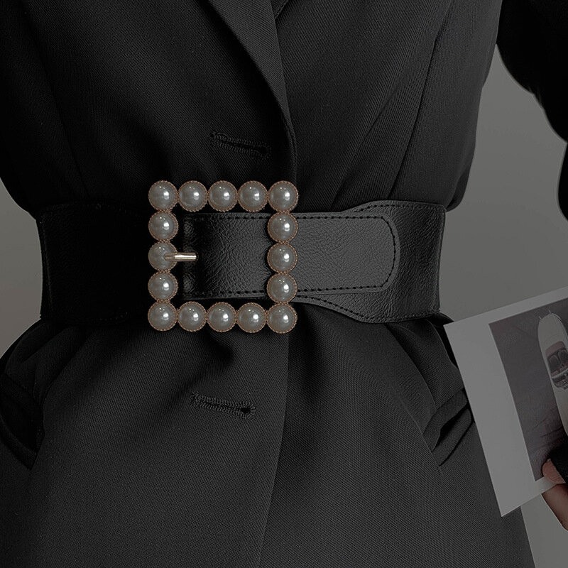 Cinto de couro PU feminino com fivela de pérolas metálicas, cós elástico na cintura, estilo Ins, cinto de túnica, vestido, acessório decorativo, moda